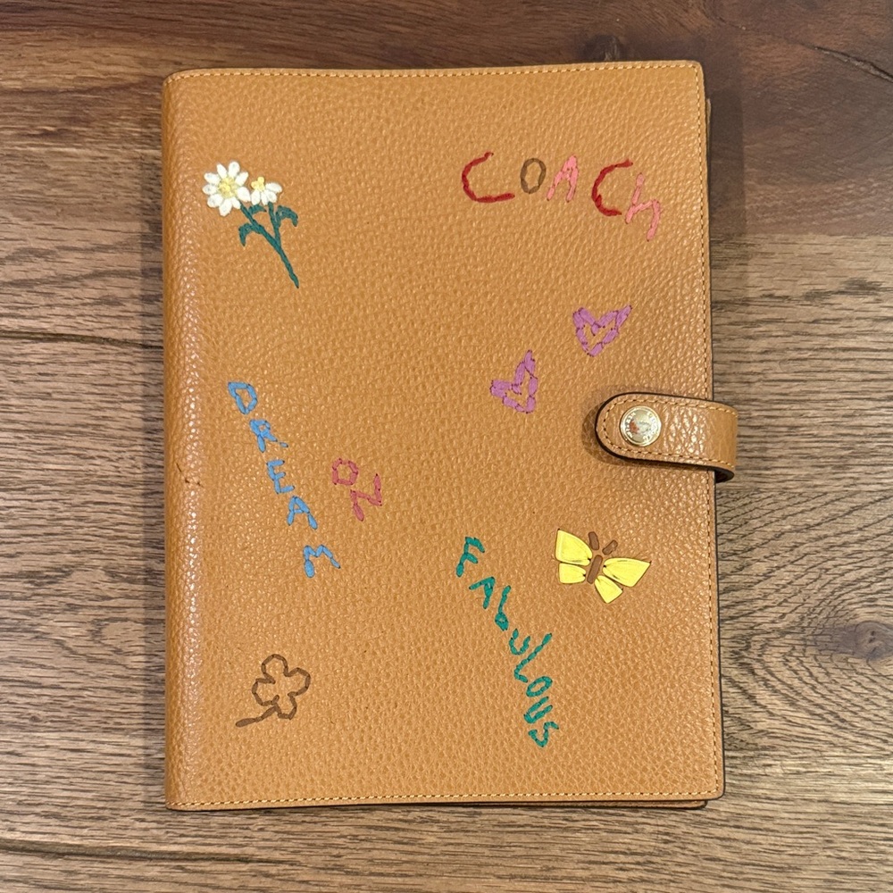 Coach Camel Leather Planner Cover with Vibrant Embroidery
